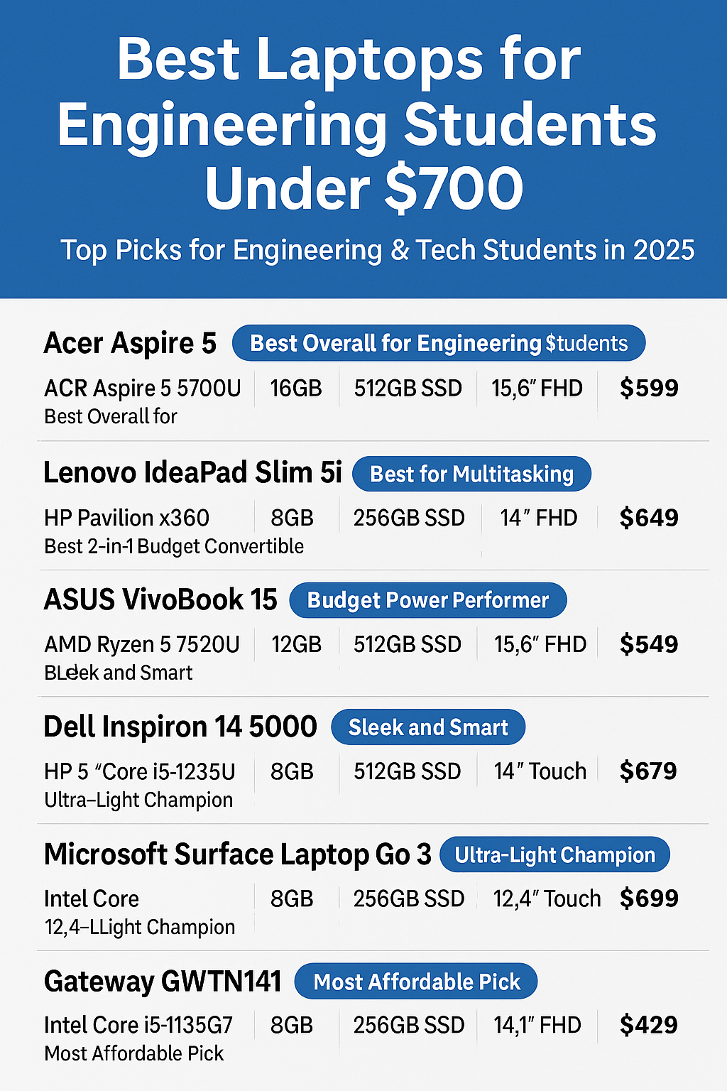Top 7 Best Laptops for Engineering Students Under $700 in 2025