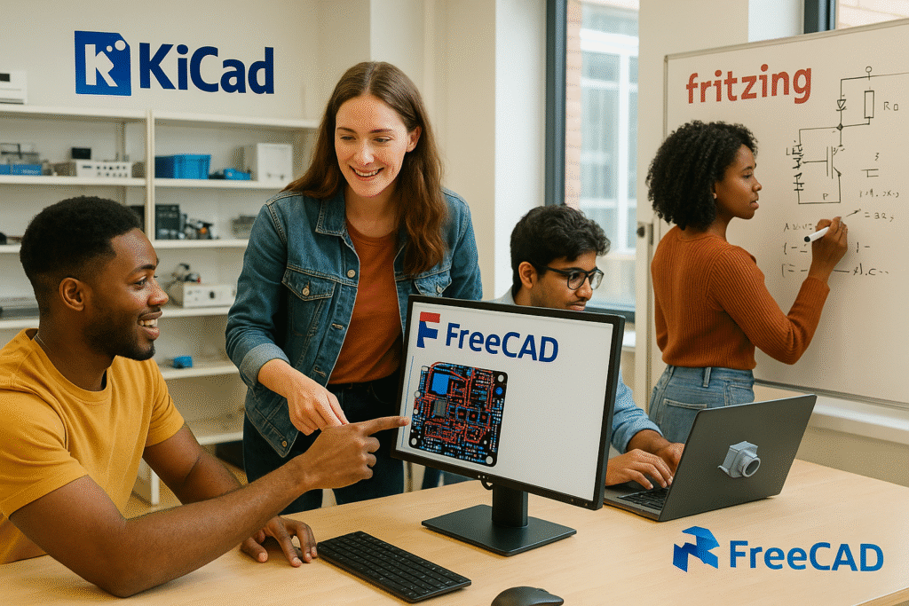 Four diverse computer engineering students using open-source software like FreeCAD, KiCad, and Fritzing in a modern university lab setting.