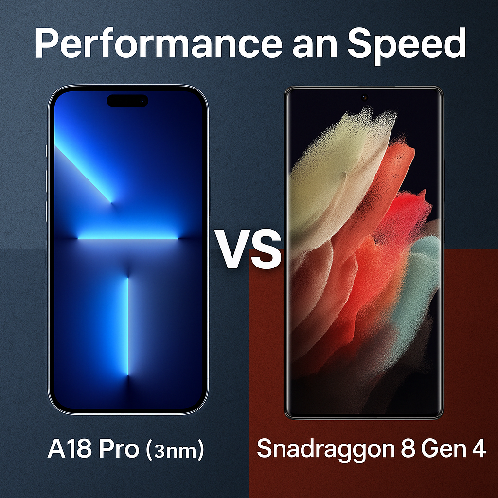 Digital graphic comparing iPhone 15 Pro Max and Samsung Galaxy S25 Ultra with bold text highlighting their 2025 specs and features side by side