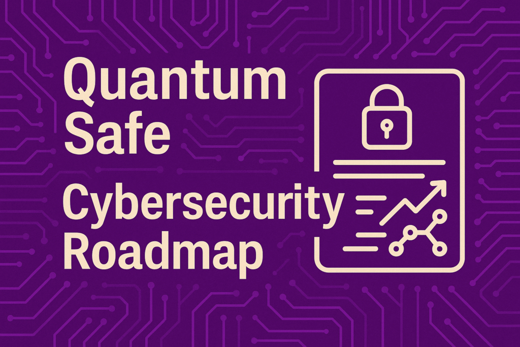 Digital graphic titled "Quantum Safe Cybersecurity Roadmap" with a circuit-themed background and a secure document icon.