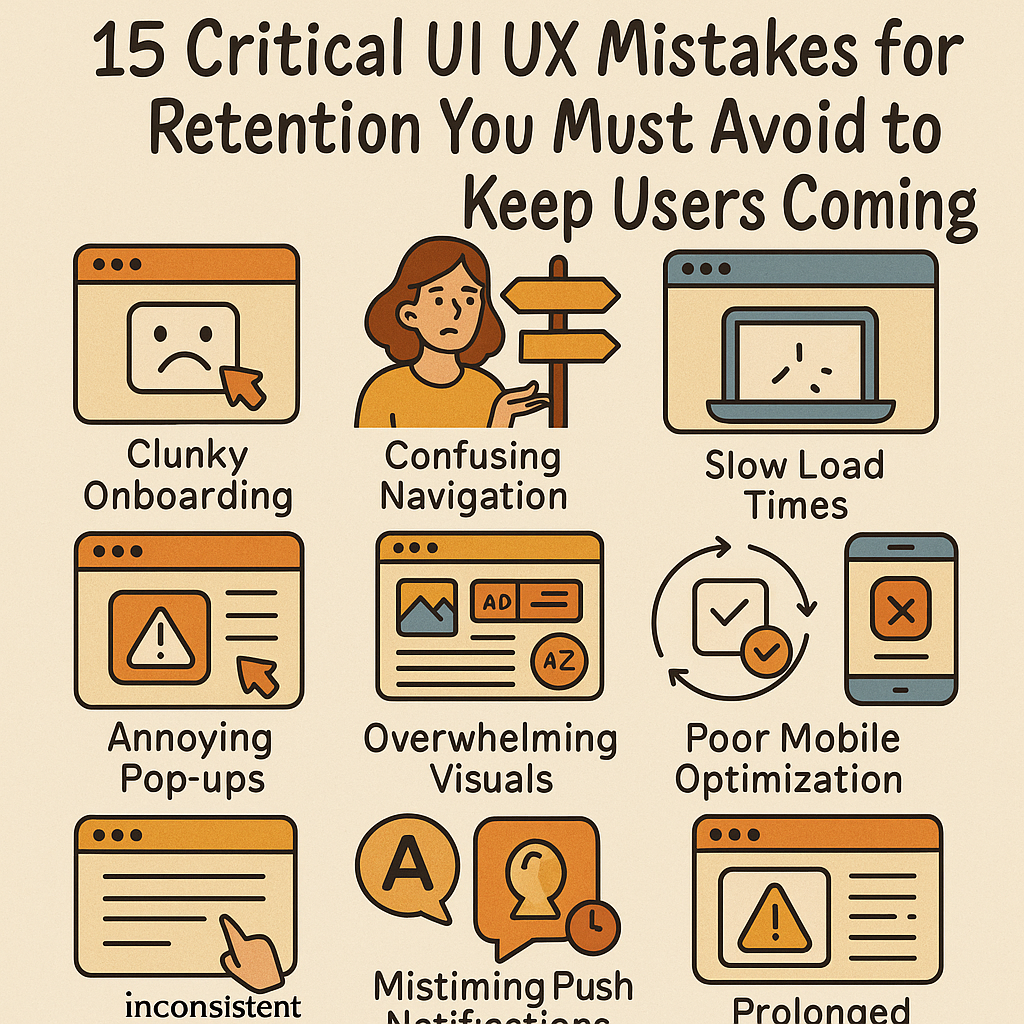 Infographic showing 15 critical UI/UX mistakes that reduce user retention, with icons representing issues like clunky onboarding, confusing navigation, slow load times, and poor mobile optimization.