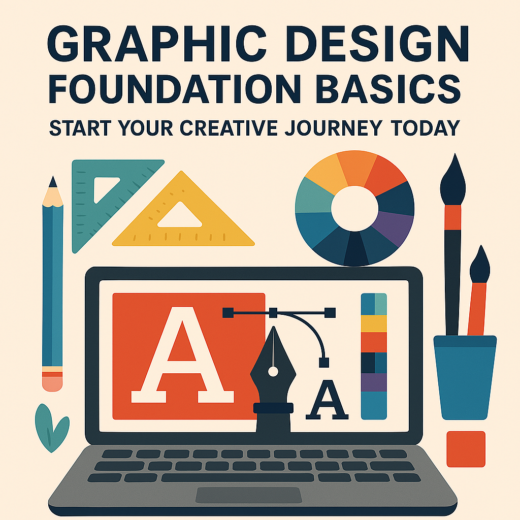 A flat lay image showing graphic design tools like colour swatches, typography samples, grid layouts, and software icons such as Canva and Adobe Photoshop, with a text overlay reading "Graphic Design Foundation Basics"