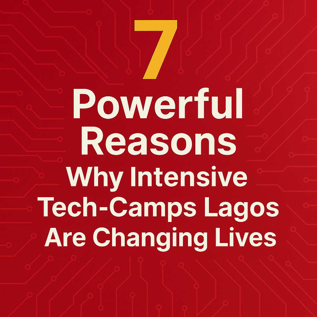 Group of enthusiastic young Nigerians in a vibrant tech hub in Lagos, collaborating with laptops and VR headsets, surrounded by futuristic digital graphics and city skyline backdrop