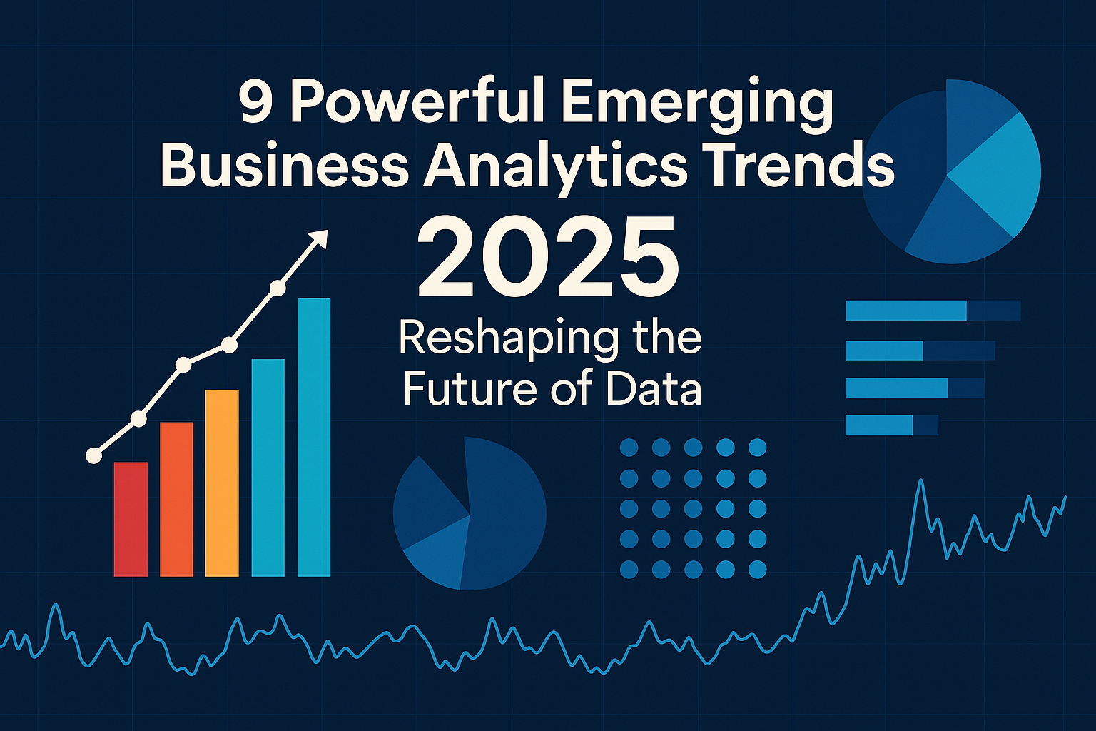 Illustration of futuristic digital data visualizations with holographic charts, AI-powered analytics interfaces, and business professionals interacting with immersive dashboards in a smart workspace. Emerging business analytics trends 2025