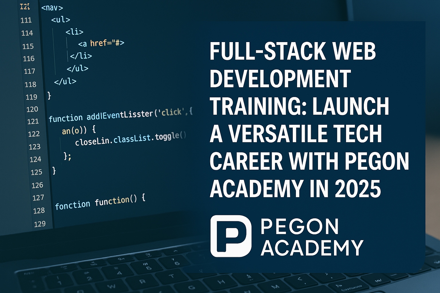 Young diverse developers coding together in a modern tech lab, with futuristic UI elements overlaying the scene and the text “Full-Stack Web Development Training – Pegon Academy 2025.”