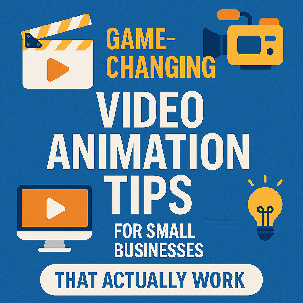 Featured image showing game-changing video animation tips for small businesses with icons of a clapperboard, camera, computer, and lightbulb on a blue background.