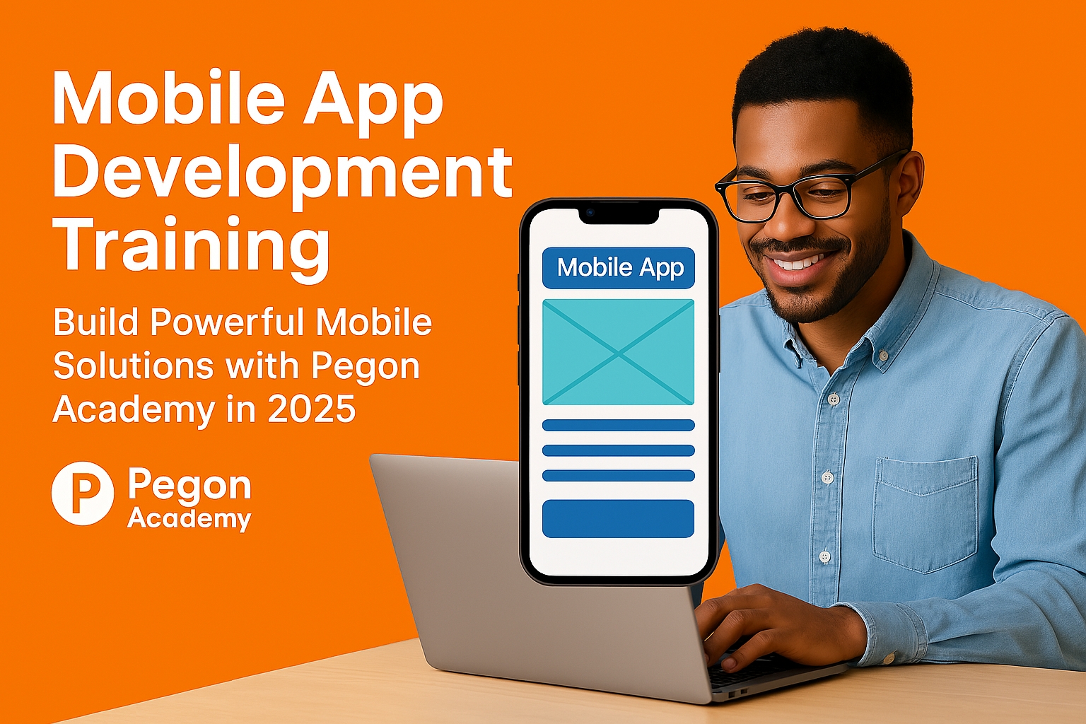 Mobile device mockup displaying a sleek app interface against a vibrant orange background, with the headline “Mobile App Development Training: Build Powerful Mobile Solutions with Pegon Academy in 2025.”